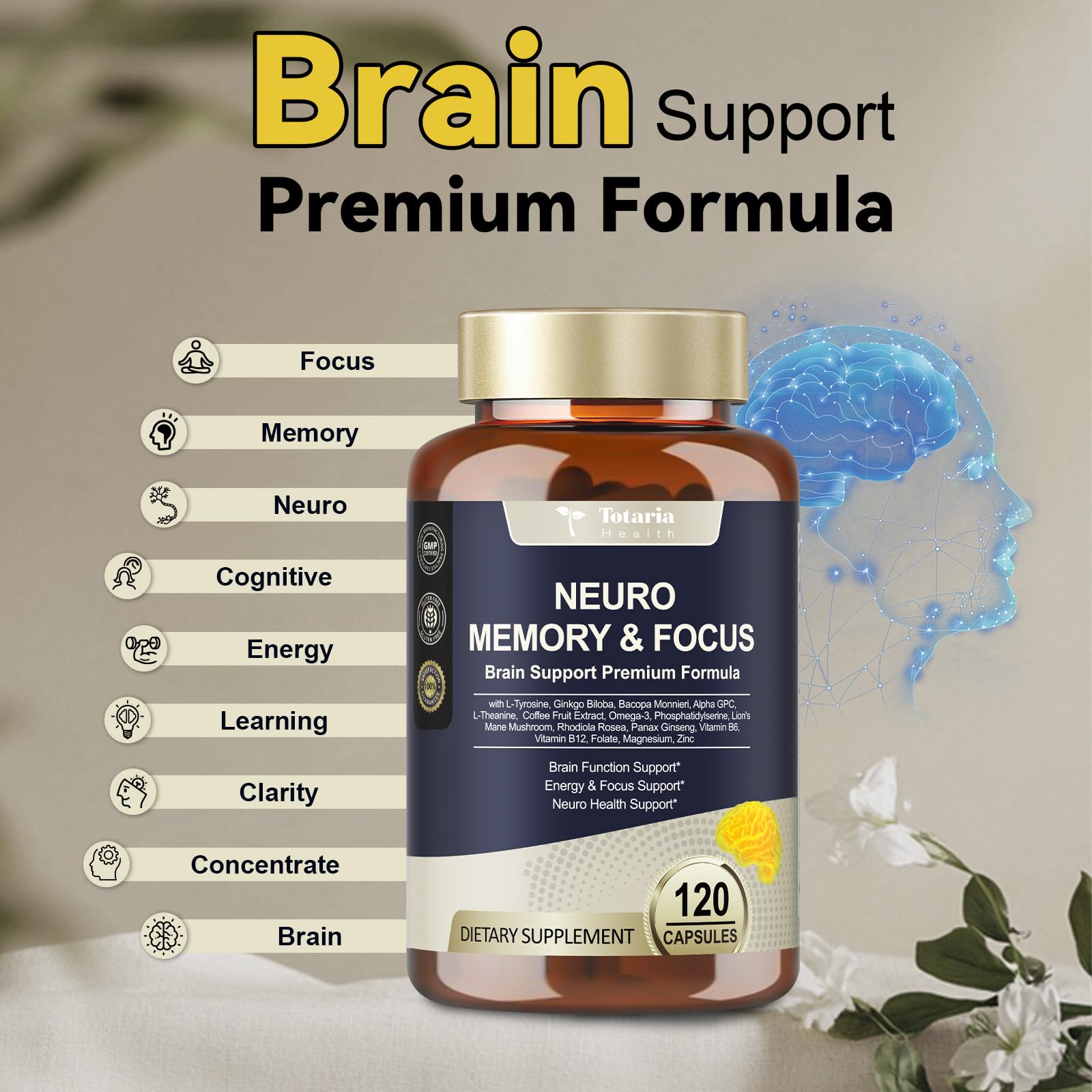 25 in 1 Brain Supplements for Memory and Focus & Neuro Health - Daily Brain Nootropic Cognitive Supplement with L-Tyrosine, Bacopa Monnieri, Ginkgo Biloba, Alpha GPC - Non-GMO, Gluten Free Totaria uk supplements