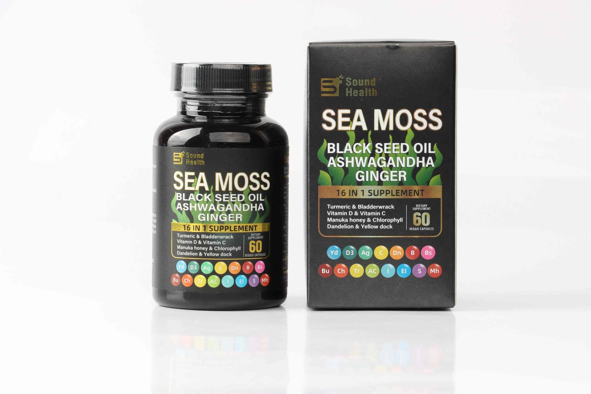 Sea Moss Capsules with Ashwagandha, Turmeric, Bladderwrack, Vitamins C & D for Natural Energy, Sleep Support & Hair Growth, 1200mg Herbal Blend, for Man & Women, Third-Party Tested，16-in-1 Supplement SoundHealth uk supplements