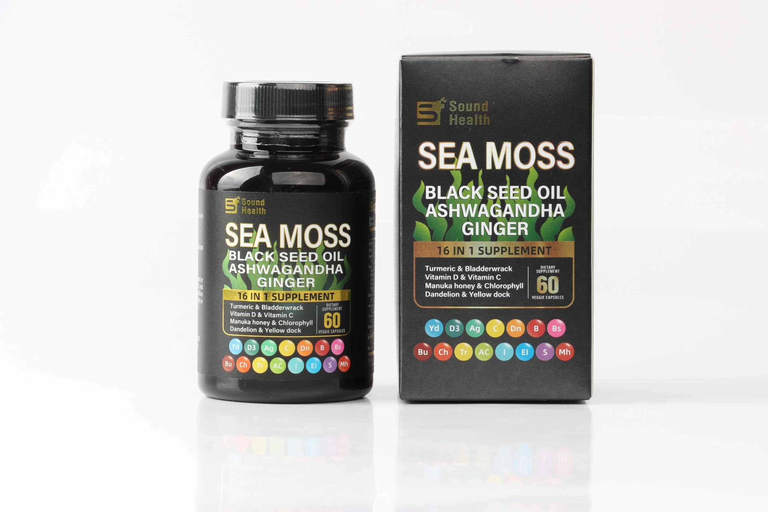 Sea Moss Capsules with Ashwagandha, Turmeric, Bladderwrack, Vitamins C & D for Natural Energy, Sleep Support & Hair Growth, 1200mg Herbal Blend, for Man & Women, Third-Party Tested，16-in-1 Supplement SoundHealth uk supplements