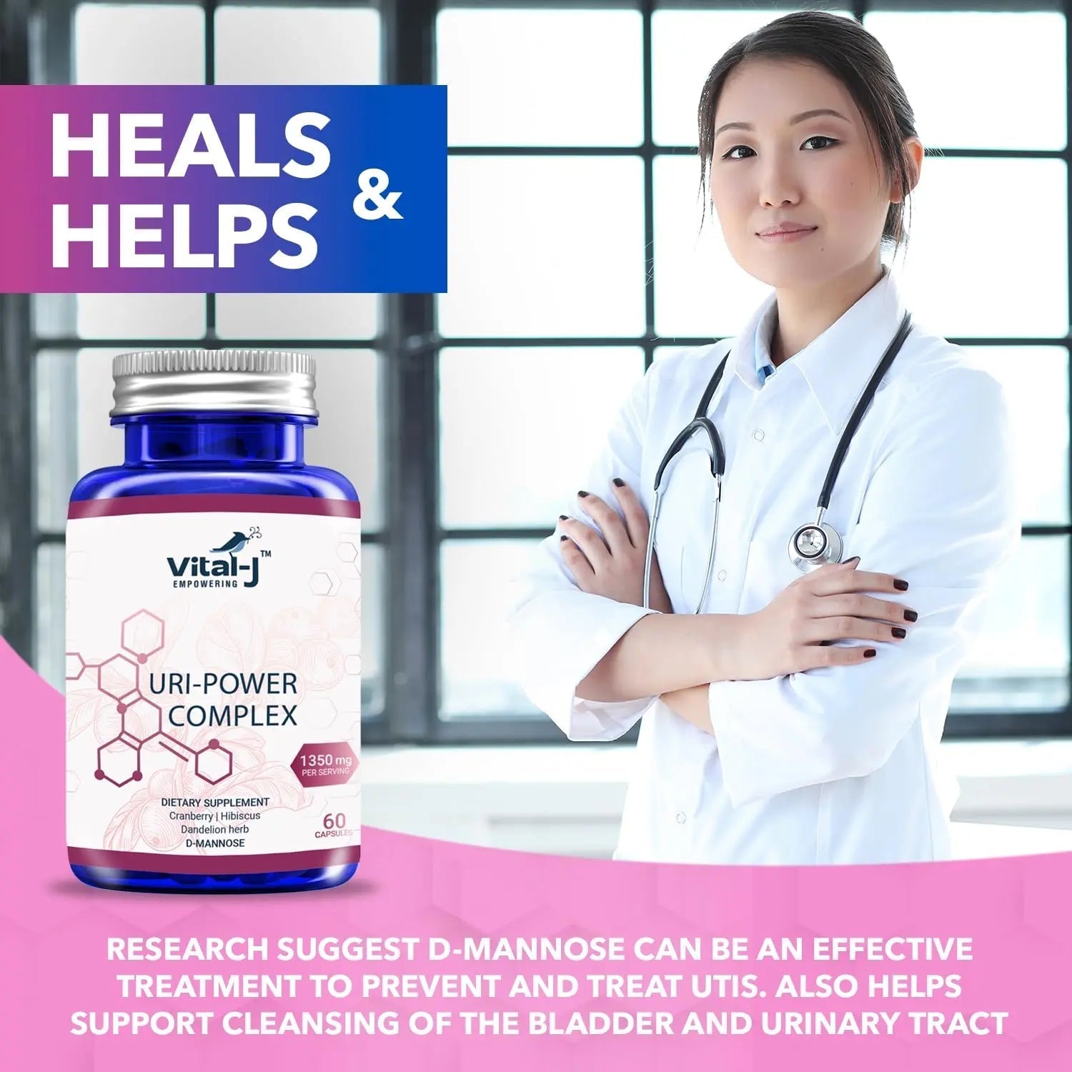 4-IN-1 URI POWER COMPLEX 1350mg - D Mannose, Cranberry, Hibiscus, and Dandelion Herb - Naturally Cleanse the Bladder and Urinary Tract 60 capsules – Specialized Approach for UTI Avoidance Vital-J Empowering uk supplements