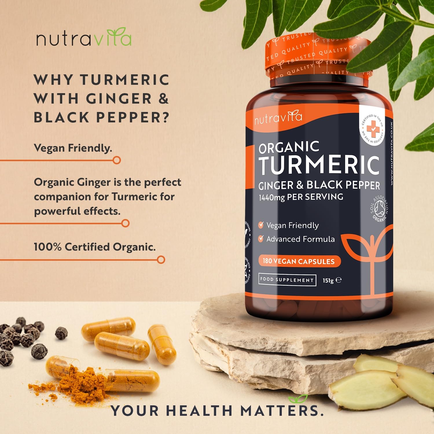 Organic Turmeric 1440mg (High Strength) with Black Pepper & Ginger - 180 Vegan Turmeric Nutravita uk supplements