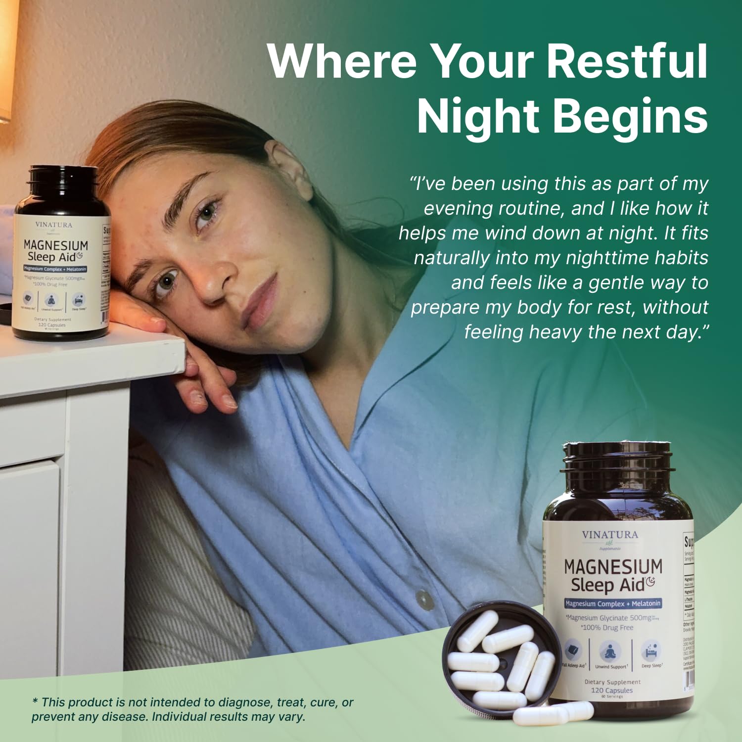 Magnesium Sleep Aid - Magnesium Glycinate Complex for Sleep with Melatonin Supplement - Glycinate 500mg, L-Theanine - 120 Capsules VINATURA uk supplements