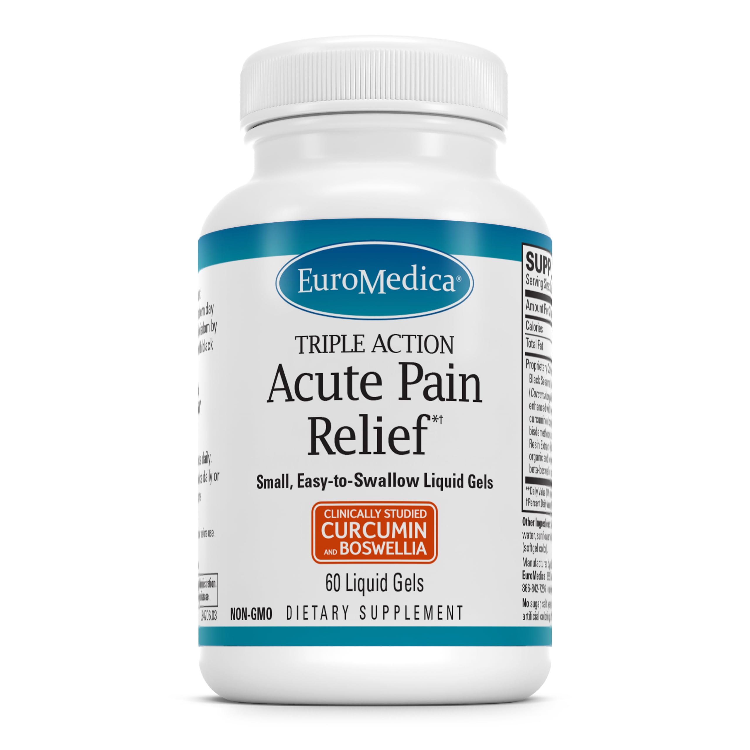 EuroMedica Acute Pain Relief - Dietary Supplement with BCM-95 Curcumin & BOS-10 Boswellia - Black Sesame Seed Oil Supplement to Support Relief of Occasional Discomfort - 60 Liquid Gels EuroMedica uk supplements