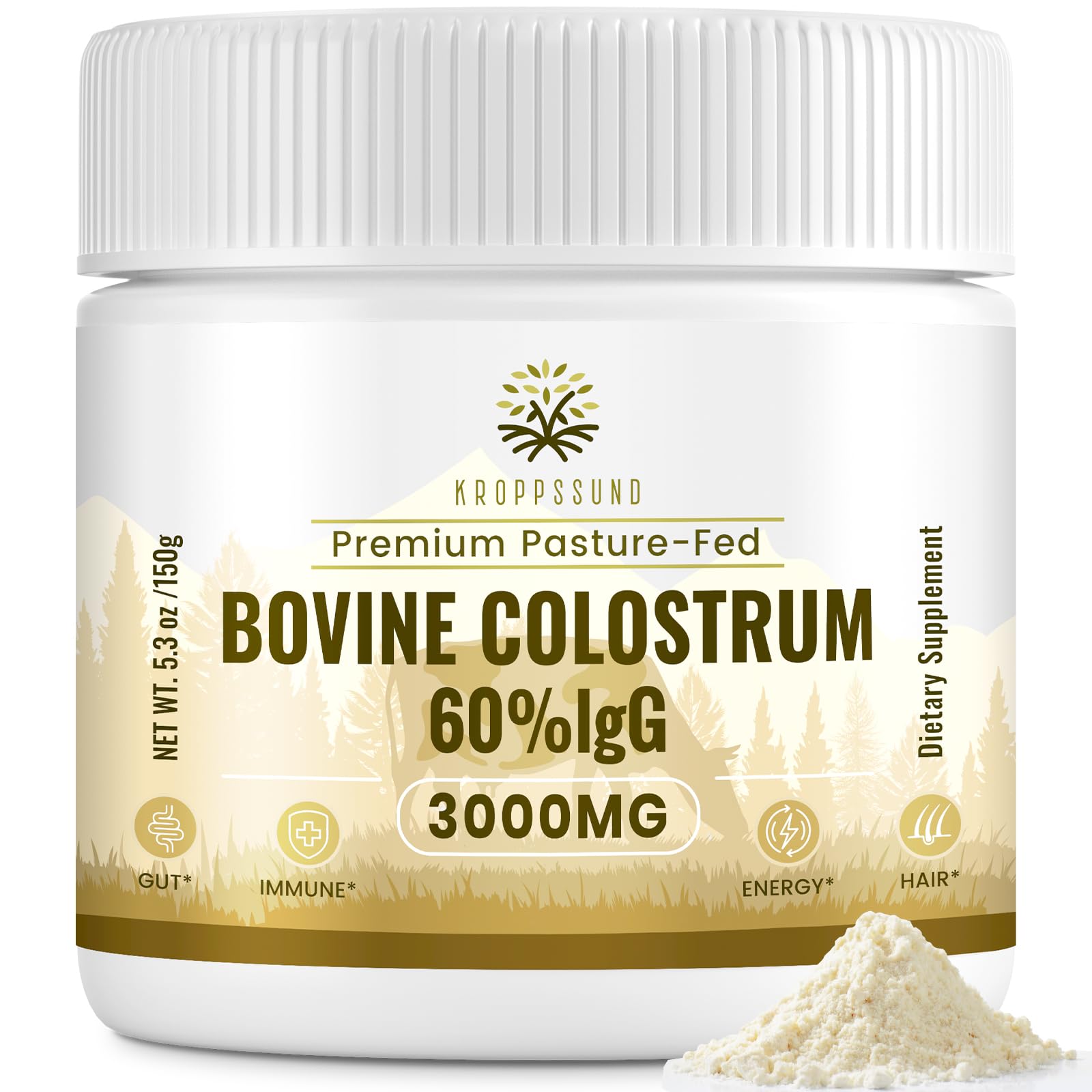 Kroppssund Bovine Colostrum Powder Supplement 3000 mg - Extra High 60% IgG Bovine Colostrum - Gut, Bone, Exercise, Immune - 50 Servings (1 Bottle) Kroppssund uk supplements