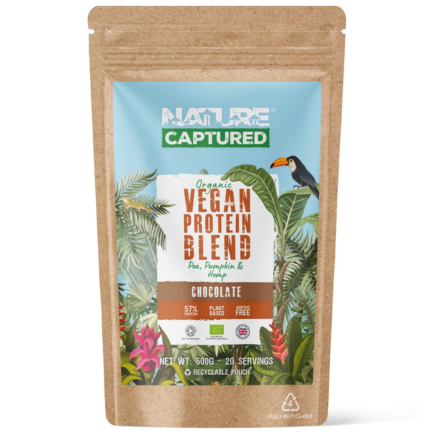 Organic & Raw Vegan Protein Blend (600g) - Chocolate Flavour - Pea, Pumpkin & Hemp Nature Captured uk supplements