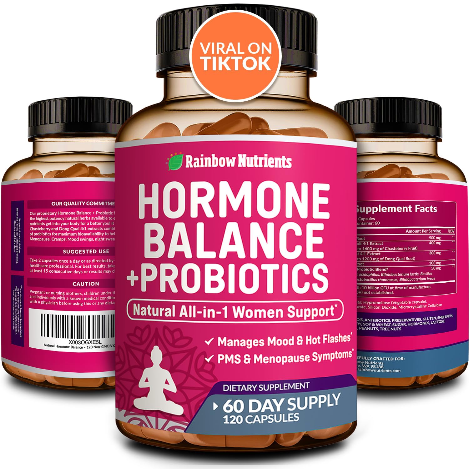 Hormone Balance + Probiotics for Women- Natural Menopause Relief, Weight Management, Bloating, Hot Flashes, PMS | Organic Maca, Chasteberry, Dong Quai & Black Cohosh | Non GMO |120 V Capsules Rainbow Nutrients, LLC uk supplements