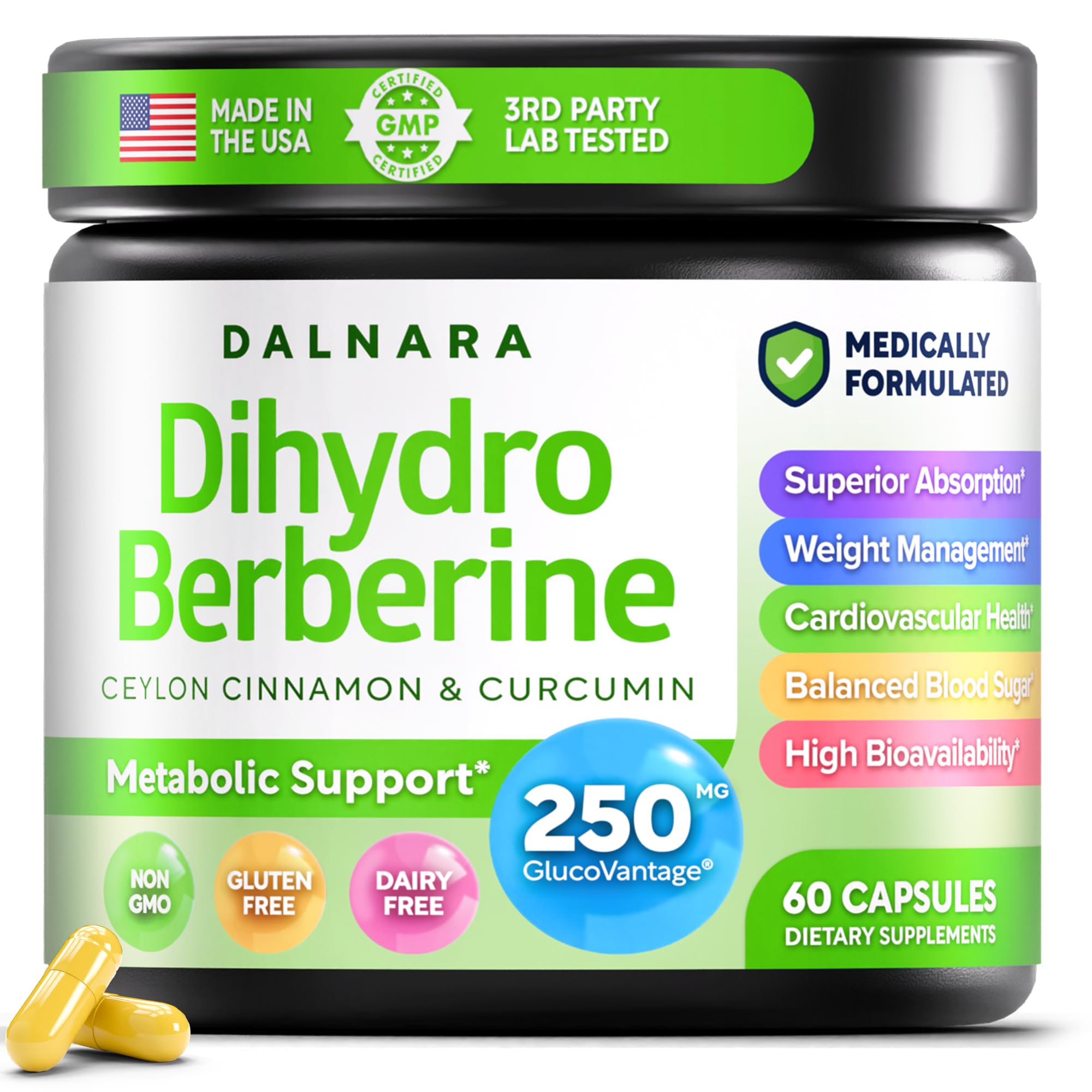 Dalnara Dihydroberberine Capsules 250mg, 60 Count - Supports Metabolic Wellness & Balanced Energy, Non-GMO,Dihydroberberine Supplement Dalnara uk supplements