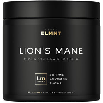 20,000mg 16x Strength Lions Mane Supplement Capsules Super Nootropic w. Ashwagandha & Rhodiola - Highest Potency Lion's Mane Mushroom Extract 50% Polysaccharides Brain Supplements for Memory and Focus TERRA ELMNT uk supplements