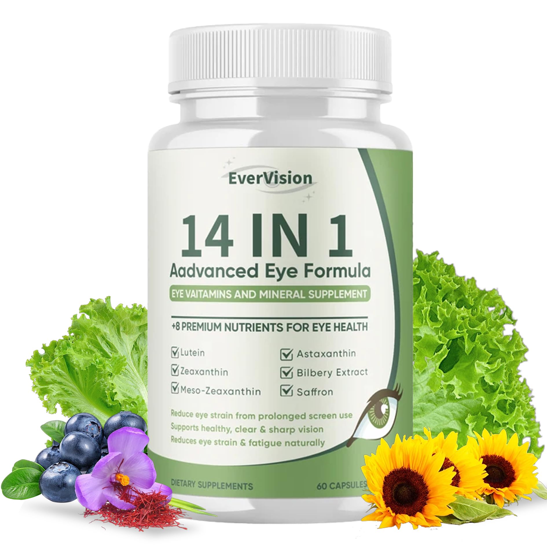 EVERVISION 14 in 1 Advanced Eye Formula, Eye Vitamin and Mineral Supplement with Zinc, Lutein, Zeaxanthin & Bilberry Extract, 60ct EVERVISION uk supplements