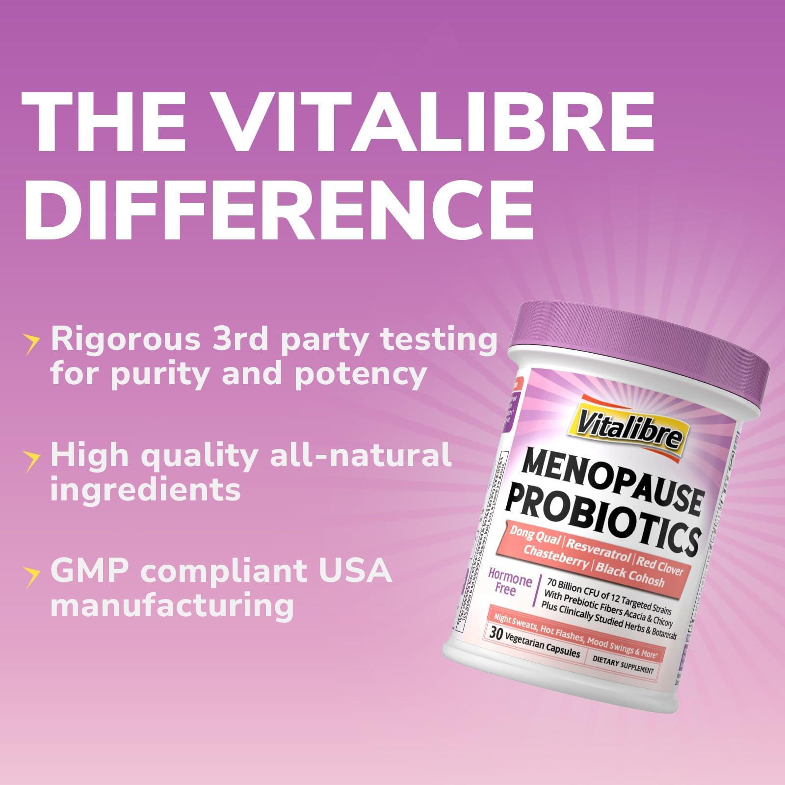 Vitalibre Menopause Probiotics for Women 70 Billion CFU, 12 Targeted Strains, Organic Prebiotics, Black Cohosh Resveratrol Red Clover Chasteberry Dong Quai, Hot Flash Night Sweat+, No Estrogen, 30 Ct Vitalibre uk supplements