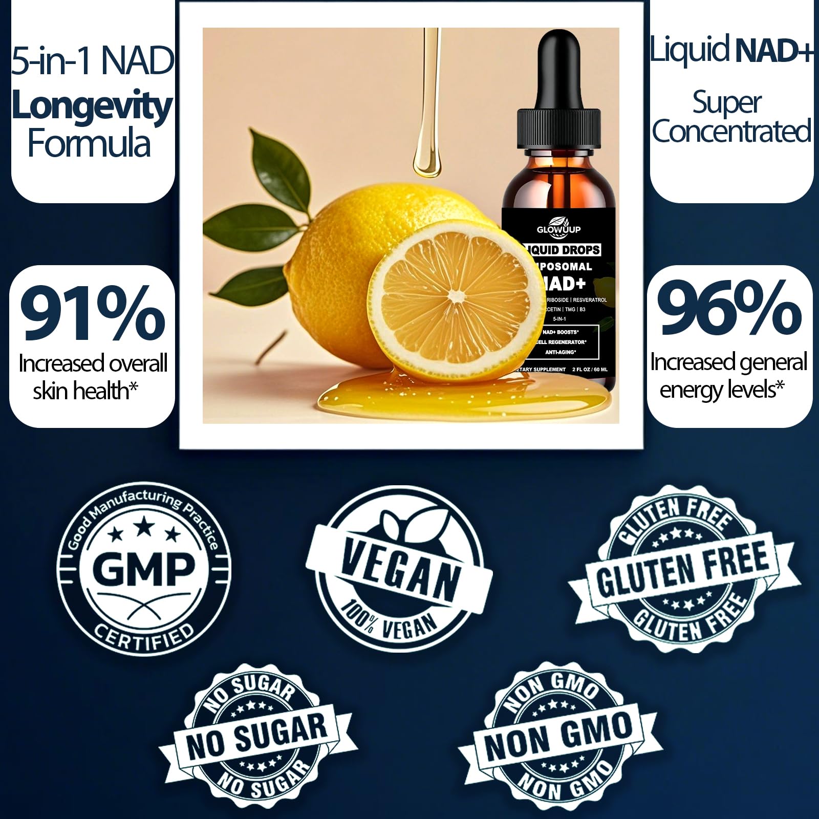 NAD Supplements for Women & Men, Liposomal NAD Nicotinamide Riboside Resveratrol 900mg w. B3 Vitamin Quercetin TMG, Liquid Resveratrol NAD Plus Supplement for Anti-Aging Energy Focus Longevity GLOVVUUP uk supplements