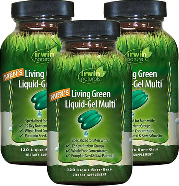 Irwin Naturals Men's Living Green Liquid-Gel Multi - 70 Essential Nutrients, Full-Spectrum Vitamin Supplements for Men, Wholefood Blend - Promotes Brain & Adrenal Support - 120 Soft-Gels (3 Pack) Irwin Naturals uk supplements