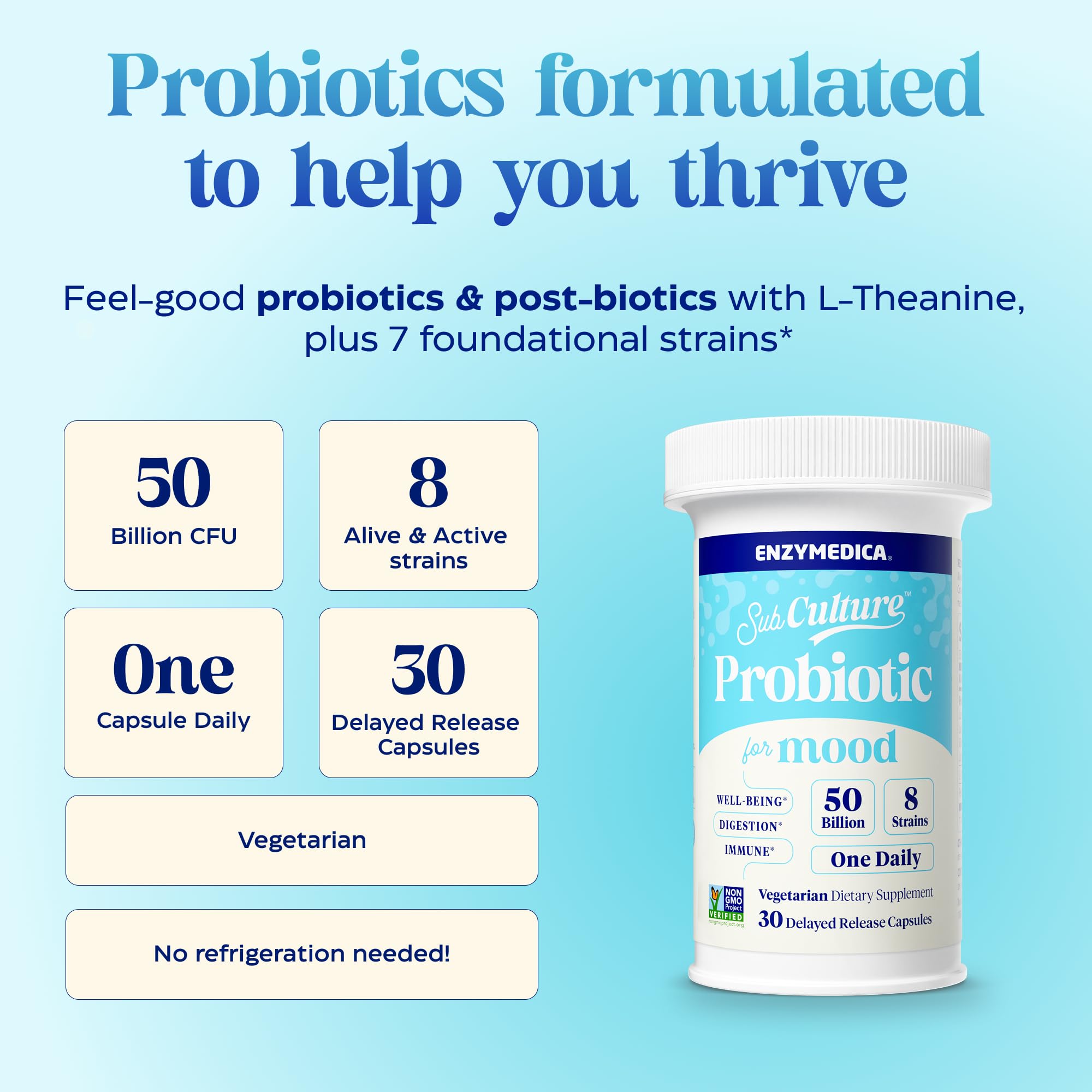 Enzymedica SubCulture Probiotics for Mood, Stress, & Sleep, 50 Billion CFU, Promotes Relaxation, Immune + Digestive Health & Regularity, 30 Count Enzymedica uk supplements