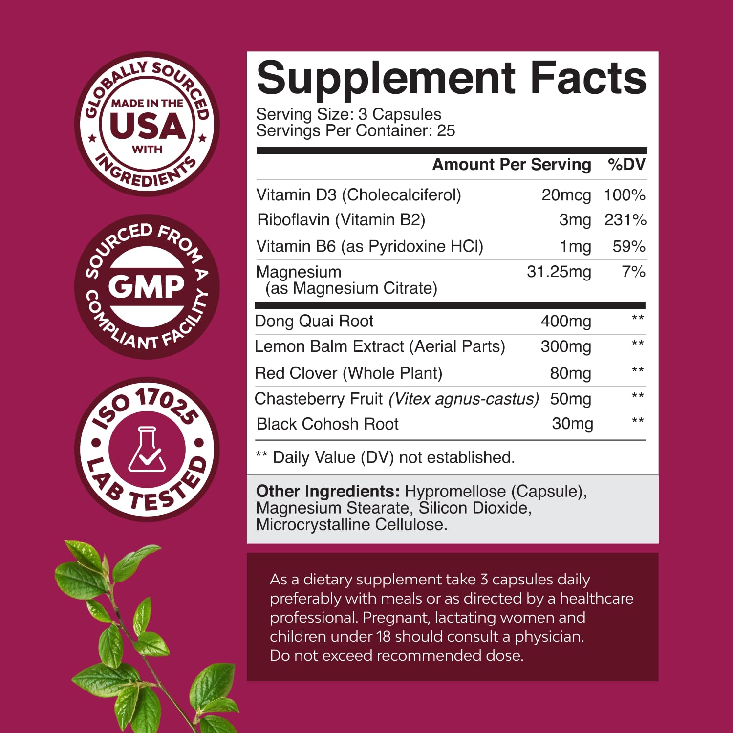 Complete Herbal Menopause Supplement for Women - Soy Free Female Hormone Balance Capsules for Night Sweats Hot Flashes & Mood Swings with Dong Quai, Chaste Berry & Black Cohosh Root - 75 Count Natures Craft uk supplements