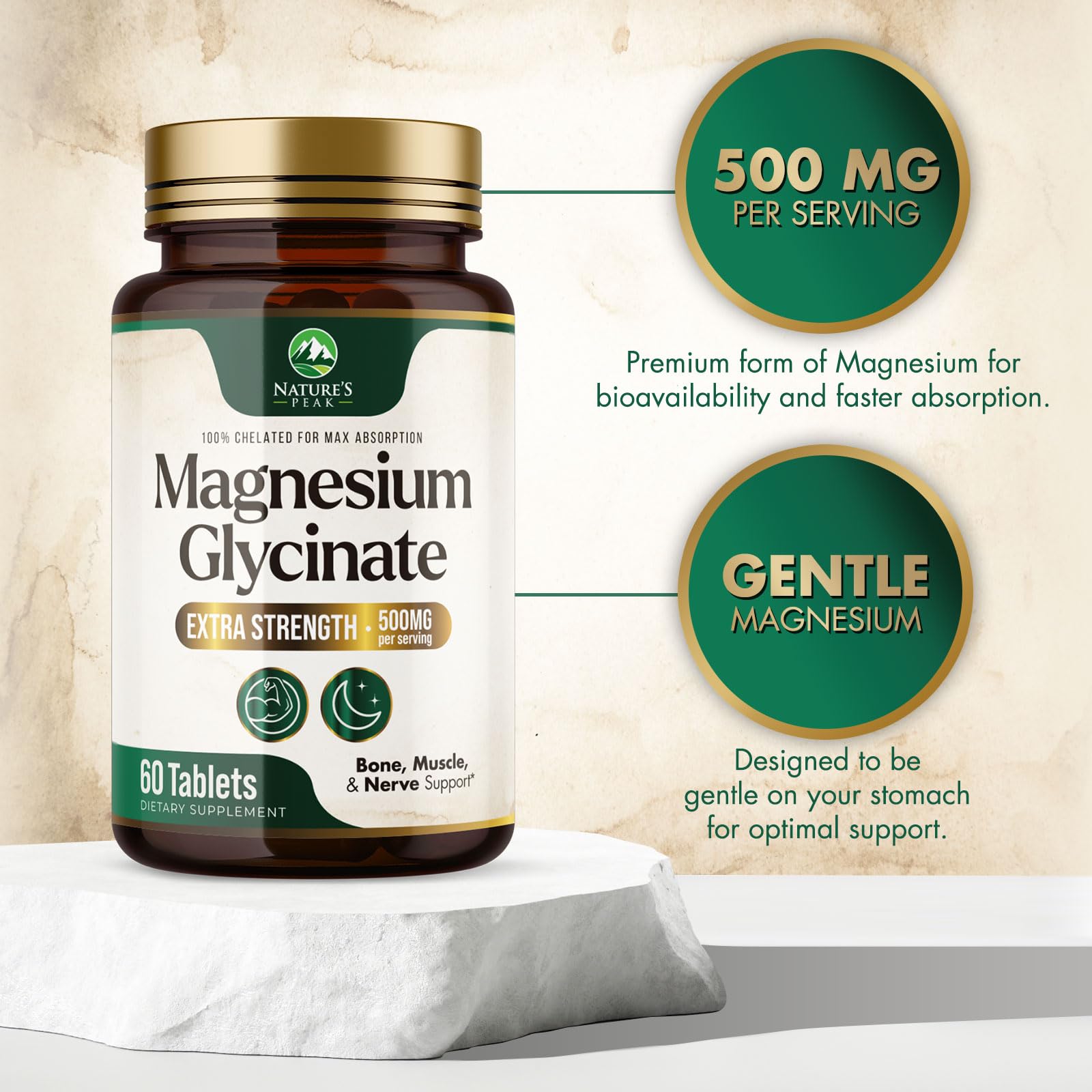 Magnesium Glycinate 500mg Per Serving - High Absorption Chelated Magnesium Supplement for Muscle, Bone and Heart Health Support - Easy Digestion & Gentle on Your Stomach - USA Bottled - 60 Tablets Nature's Peak uk supplements