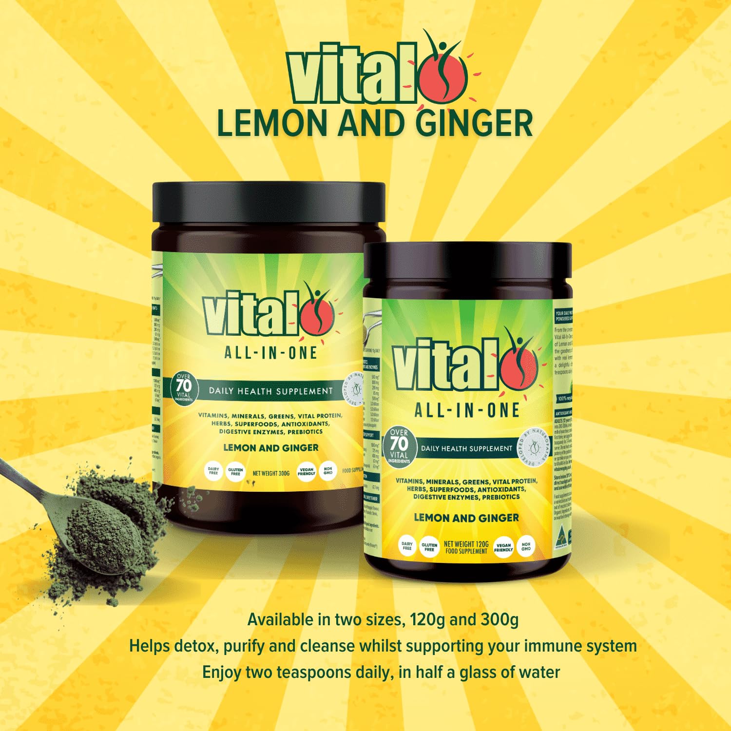 Vital All-in-One Daily Powdered Supplement - Natural Greens Superfood Powder for Energy & Health, Super Greens Powder Drink Mix with Probiotic & Antioxidant Support - Lemon & Ginger, 4.23 oz (120 g) Vital uk supplements