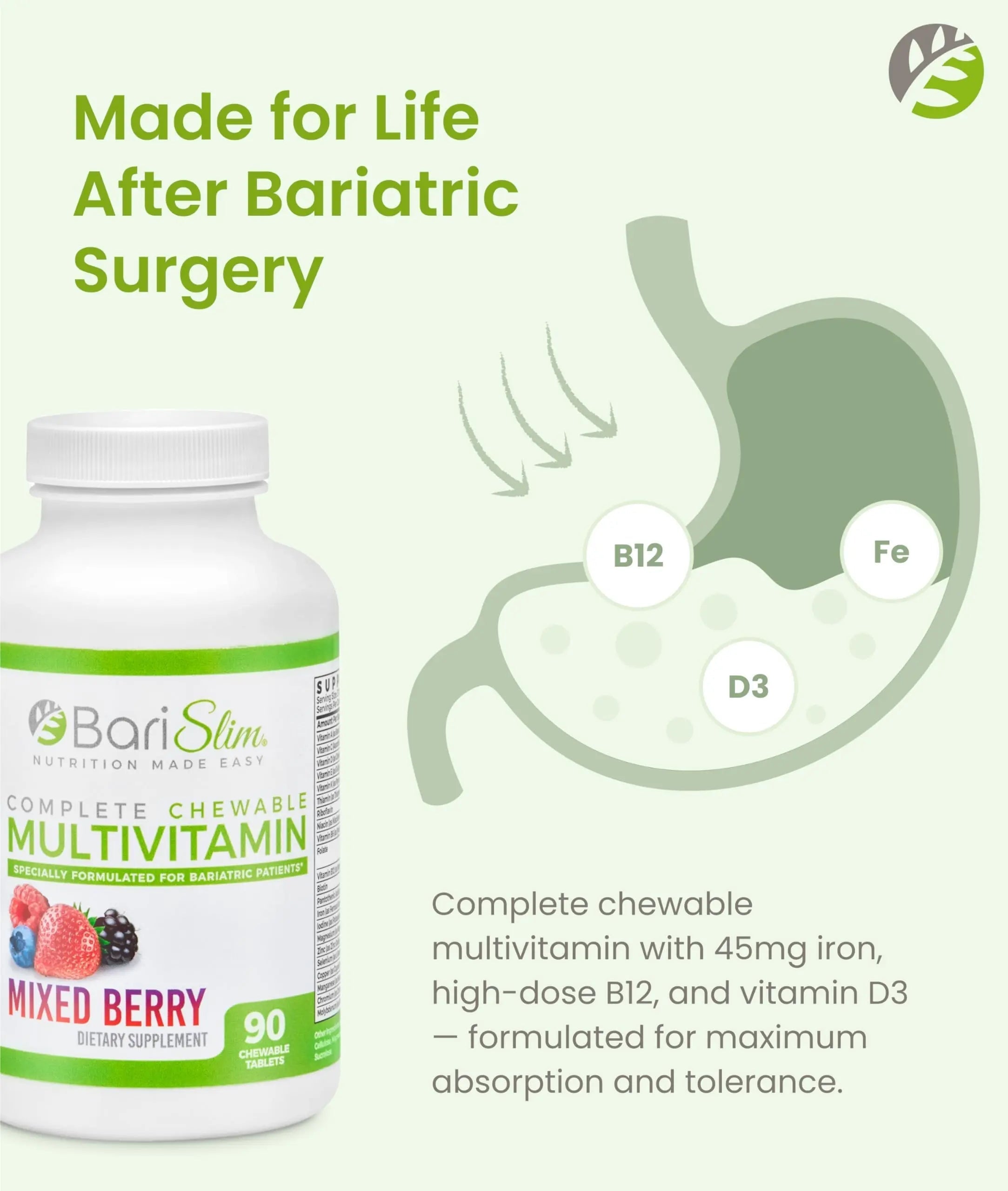 BariSlim Complete Chewable Bariatric Multivitamin Tablets - 45 mg Iron - Bariatric Vitamin & Supplement for Post Bariatric Surgery Including Gastric Bypass BariSlim uk supplements