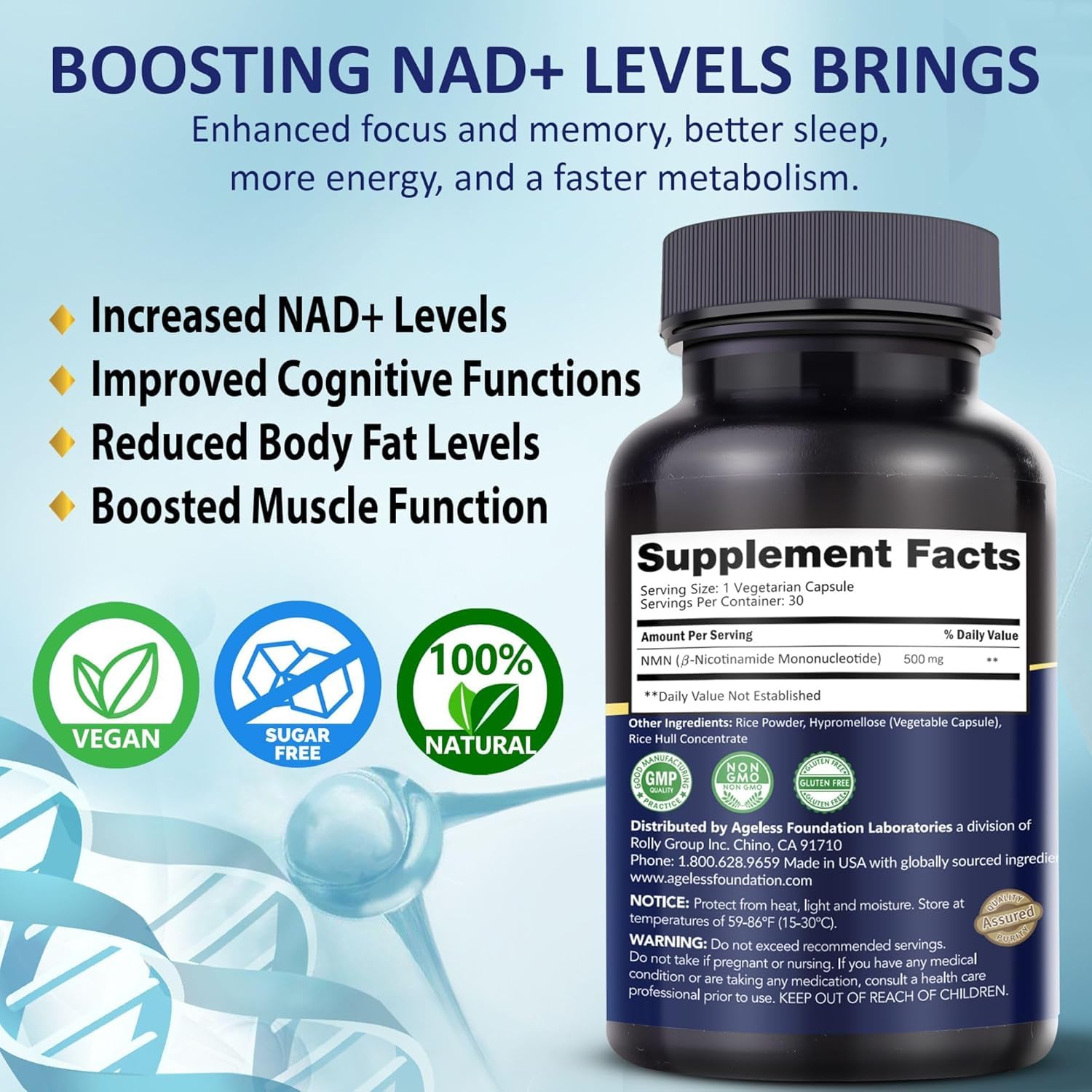 NMN Supplement 500mg Nicotinamide Mononucleotide | Supports NAD+ Levels, Energy, Cognitive Function, Muscle Health & Healthy Body Composition – Capsules (30) Ageless Foundation Laboratories uk supplements