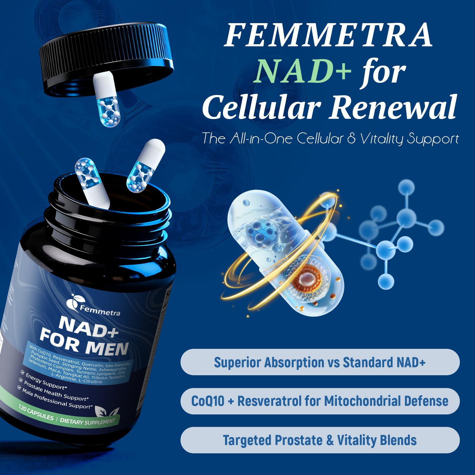 Femmetra NAD+ Supplements for Men with Saw Palmetto | All-in-One Cellular Energy, Prostate Support & Nitric Oxide Supplement with Resveratrol, L-Arginine | Non-GMO, 120 Capsules Femmetra uk supplements