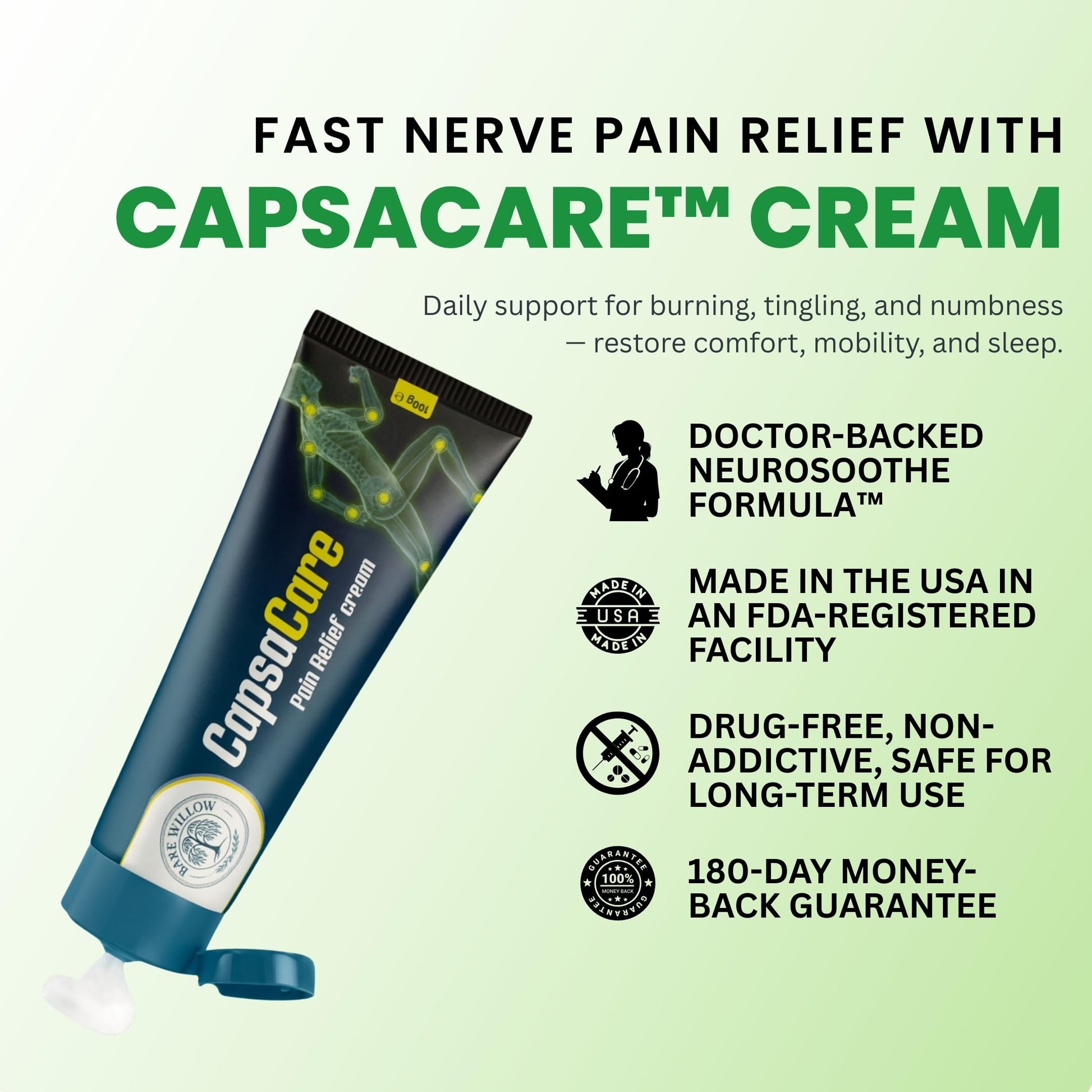 CapsaCare Cream with Capsaicin 0.125% & Magnesium, NeuroSoothe Blend with Arnica, Glucosamine, Menthol & Aloe, Fragrance Free, Non Greasy, Hydrating Topical Skin Cream for Men and Women, 100g (1 Pack) Bare Willow uk supplements