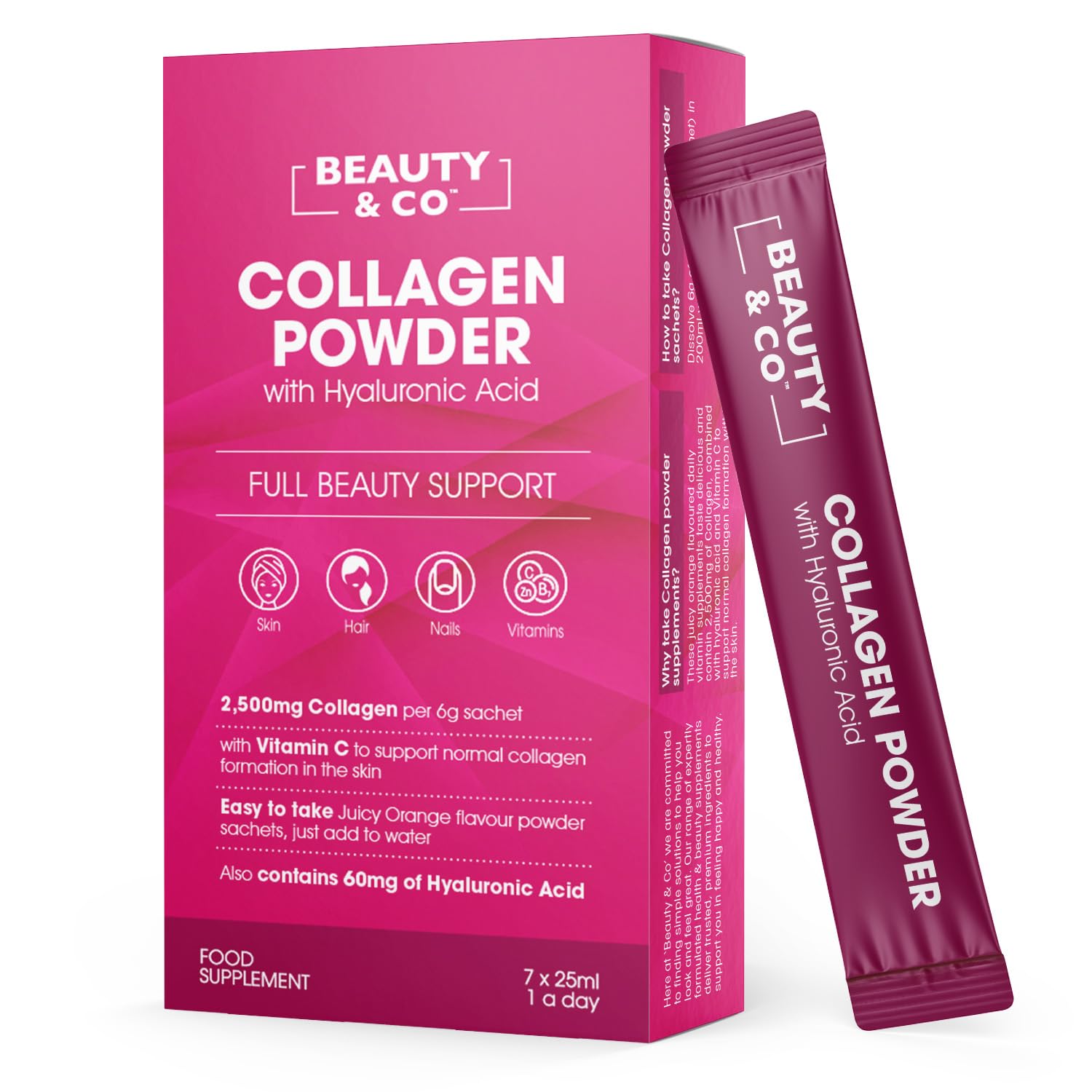 Collagen 2500mg Powder Supplement Boosted with Vitamin C and Hyaluronic Acid (Bovine) Beauty & Co uk supplements