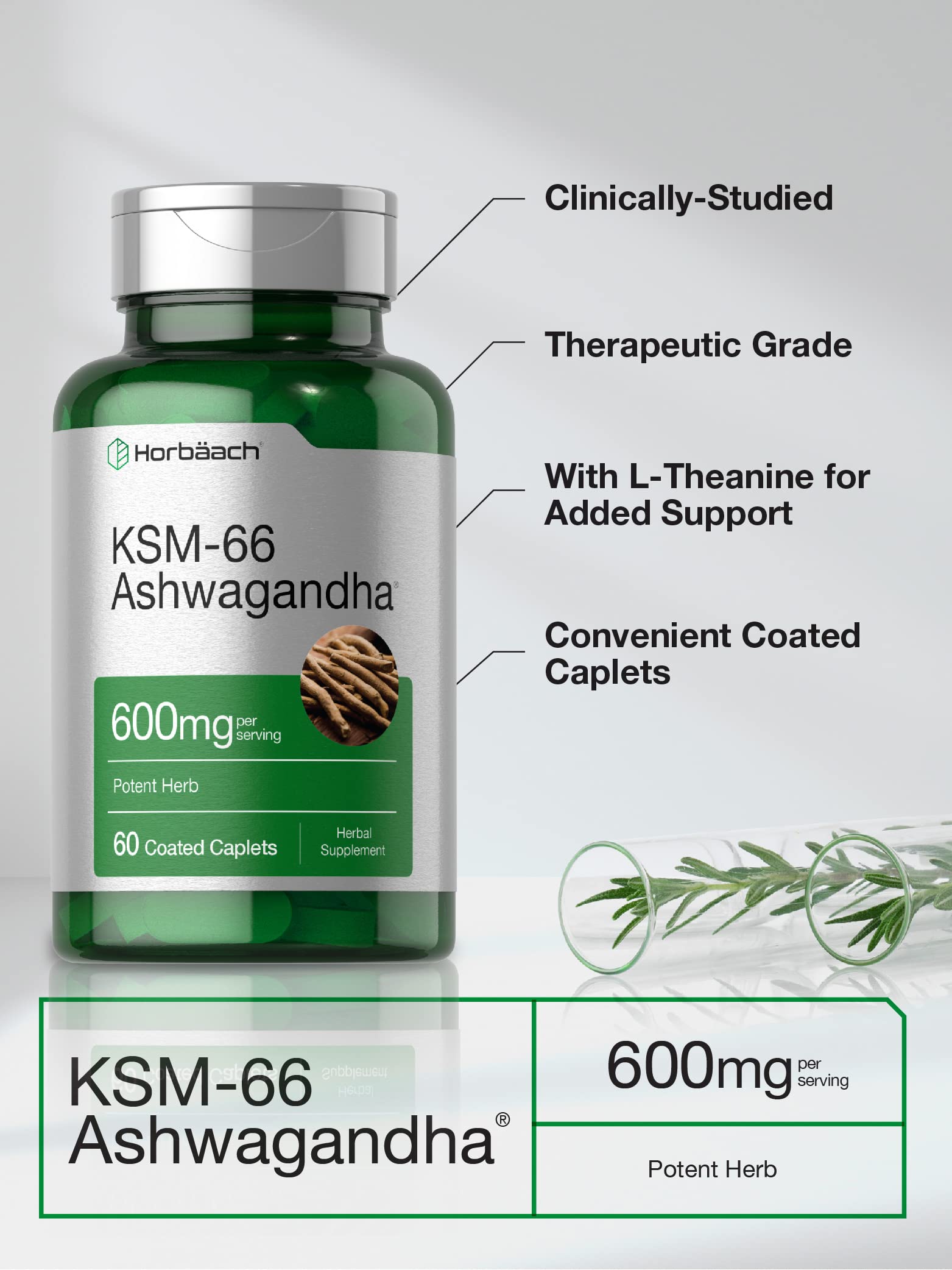 Horbäach KSM-66 Ashwagandha 600mg | with L-Theanine | 60 Coated Caplets | Vegan, Non-GMO, Gluten Free Complex Supplement Horbäach uk supplements