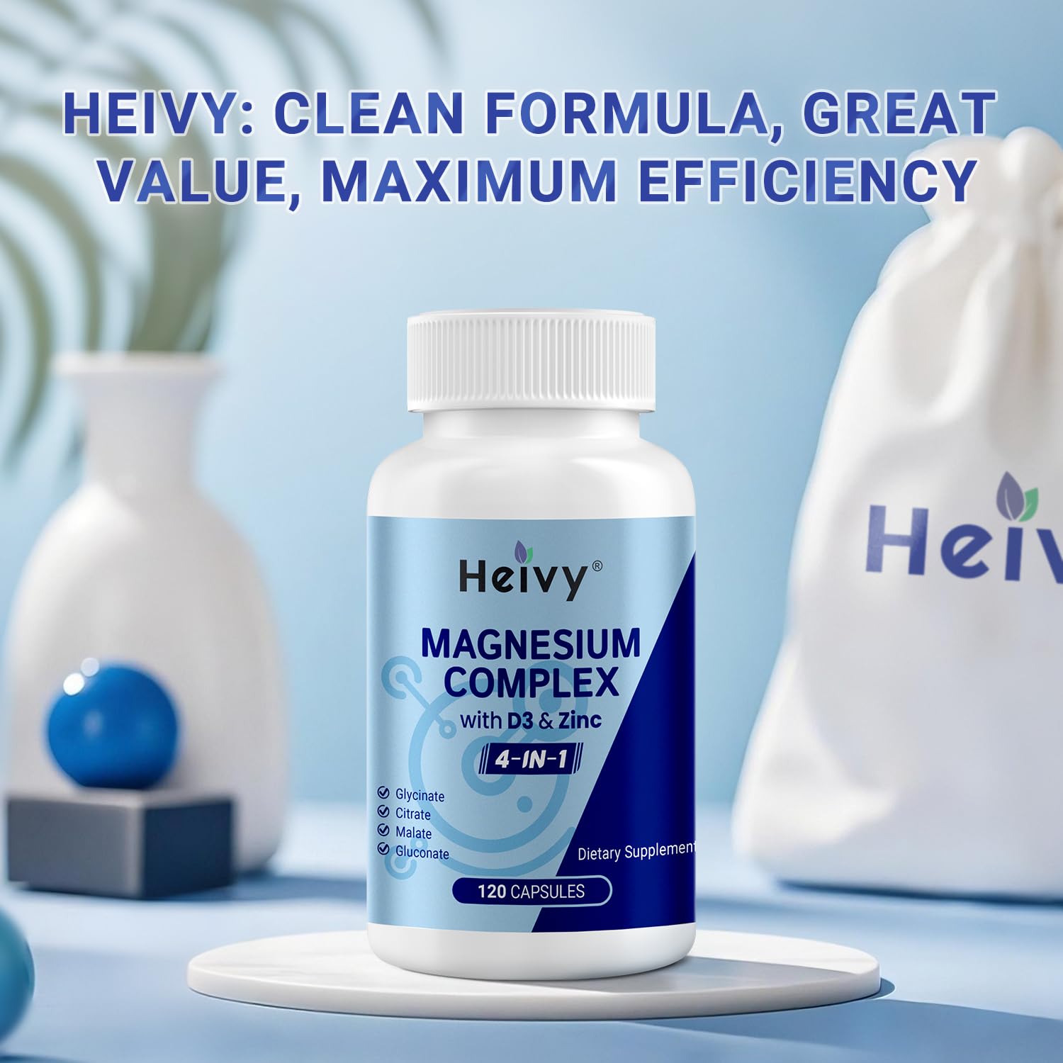 Heivy 4 in 1 Magnesium Complex with Zinc & Vitamin D3, 320mg Elemental Magnesium (Glycinate/Citrate/Gluconate/Malate), 120 Capsules (4 Months Supply), Vegan, Non-GMO, Gluten-Free, 3rd Party Tested Heivy uk supplements