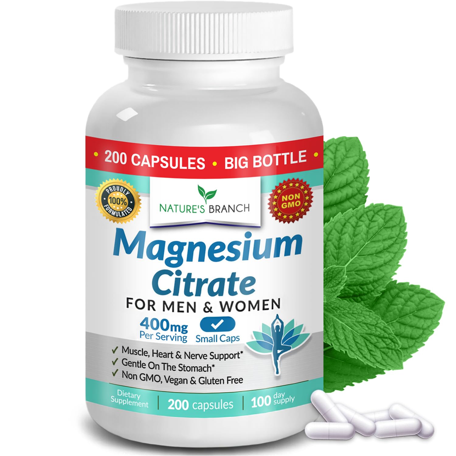 Magnesium Citrate 400mg | 200 Capsules, High Absorption for Sleep, Relax, Leg Cramps, Energy, Extra Strength Easy to Swallow Small Pills for Women & Men, Vegan Supplement for Digestion, Not Tablets NATURE'S BRANCH uk supplements