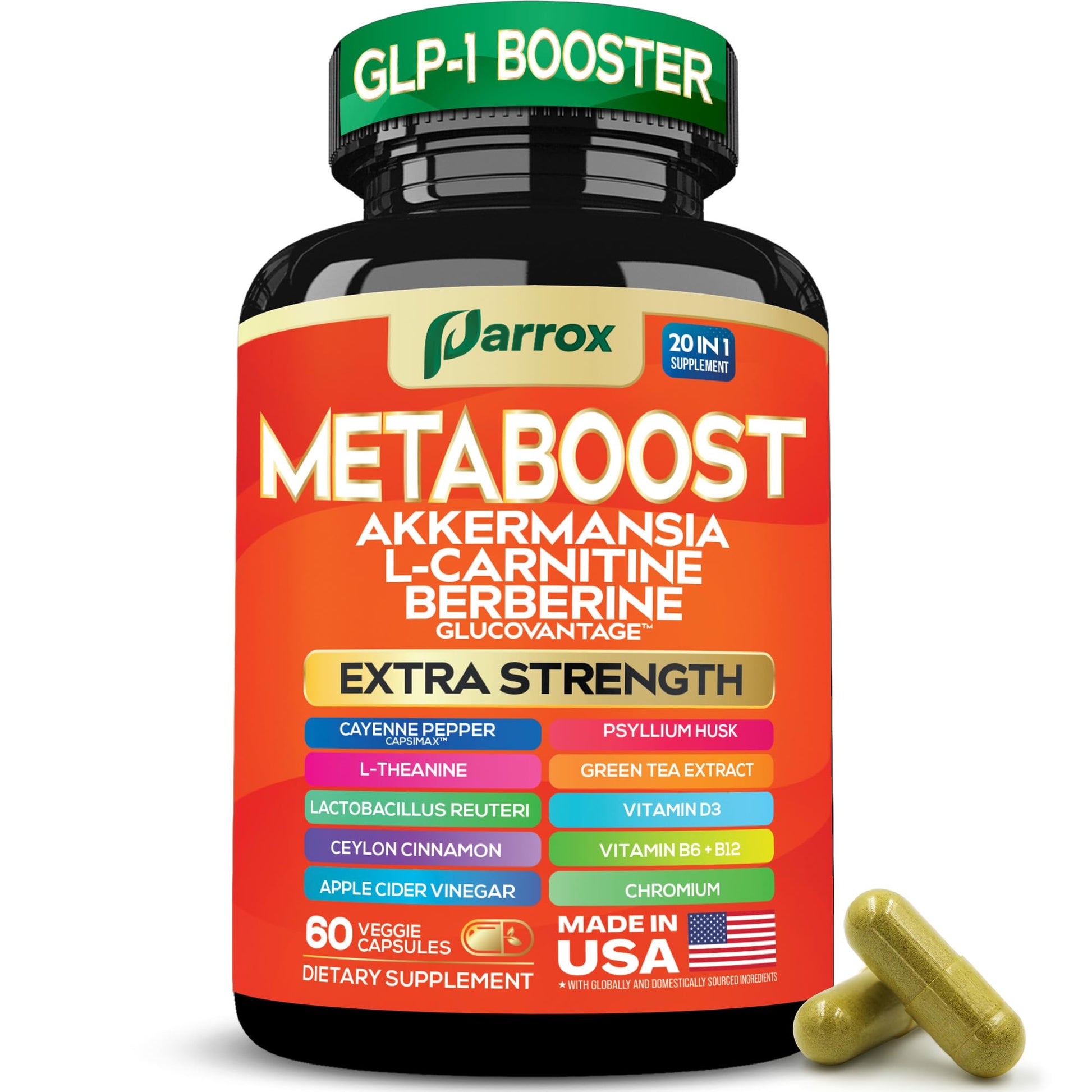 GLP-1 Booster Supplement, Akkermansia, L-Carnitine, Berberine (GlucoVantage), Methylfolate, Methylated B12, Chromium, Capsimax, Psyllium Husk, Probiotics Vitamins D3, B6, 20-in-1 Plant-Based (60 Caps) Parrox uk supplements