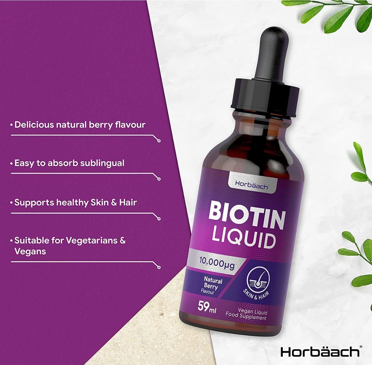 Biotin Liquid Drops for Hair & Skin Support | 10000 mcg Supplement | 59 ml Vitamin B7 Horbäach uk supplements
