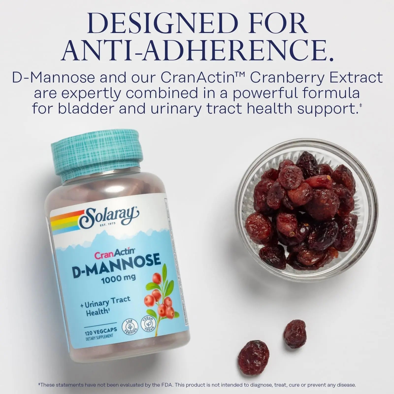 SOLARAY D-Mannose 1000mg with CranActin Cranberry Supplement 400mg, Urinary Tract Health & Bladder Support Capsules with Vitamin C, Vegan, 60 Day Guarantee, 60 Servings, 120 VegCaps (120 CT) SOLARAY uk supplements
