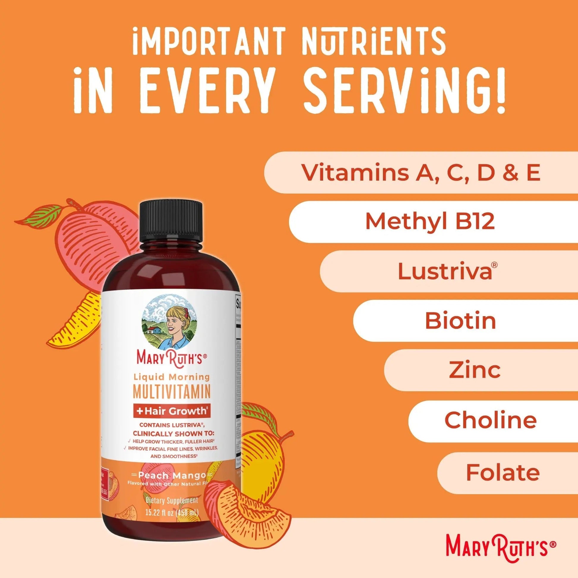 MaryRuth's MaryRuth's Liquid Morning Multivitamin +Hair Growth (Peach Mango, 15.22oz) & Iron Liquid (Berry) | Clean Label Project Verified® | MARYRUTH'S uk supplements