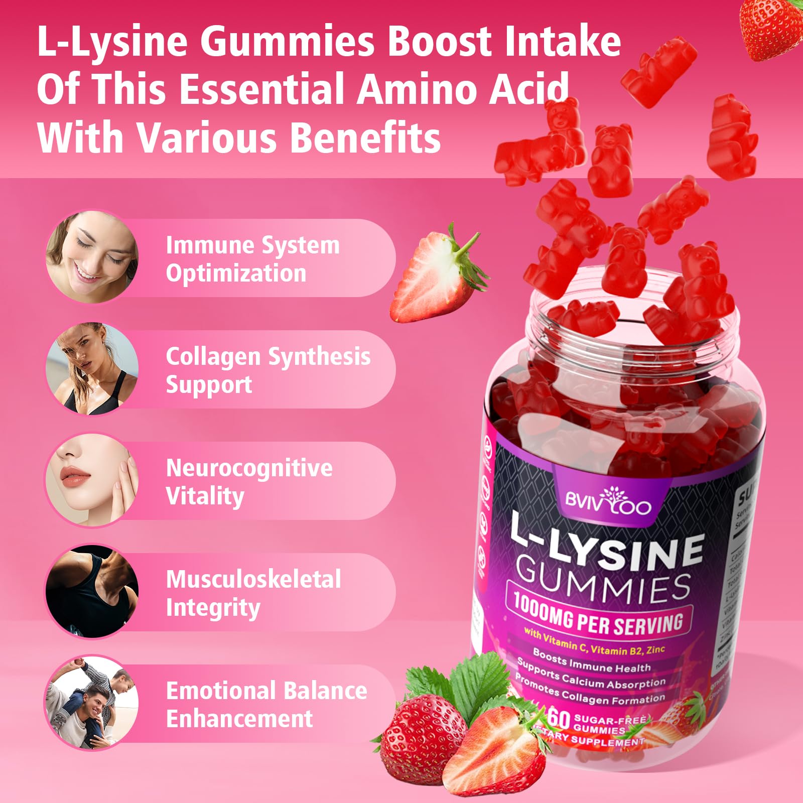 BVIVLOO L-Lysine 1000mg Gummies for Immune Support & Skin Health - High Potency Vegan Gummies, Sugar-Free, Natural Berry Flavor, Gluten-Free Chewable Supplement BVIVLOO uk supplements