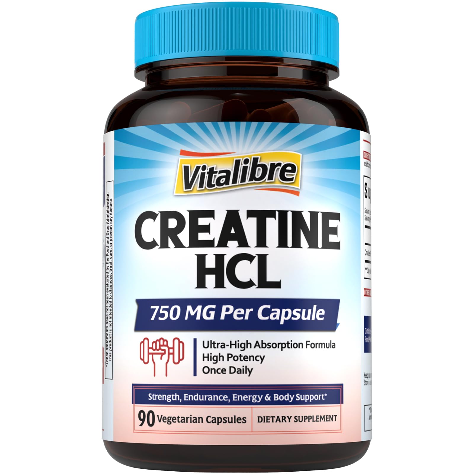 Vitalibre Creatine HCl Capsule, 750mg High Absorption Creatine Hydrochloride, Endurance, Strength, Fast Absorbing, No Load, No Bloat, Monohydrate Micronized Alternative, Once Daily, 90 Capsules Vitalibre uk supplements