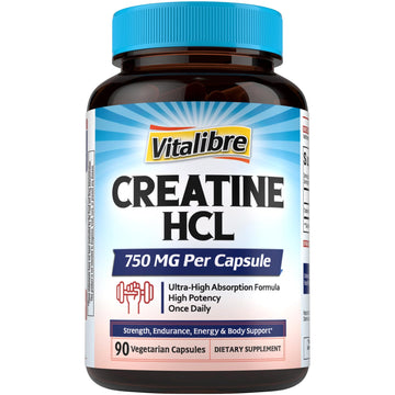 Vitalibre Creatine HCl Capsule, 750mg High Absorption Creatine Hydrochloride, Endurance, Strength, Fast Absorbing, No Load, No Bloat, Monohydrate Micronized Alternative, Once Daily, 90 Capsules Vitalibre uk supplements