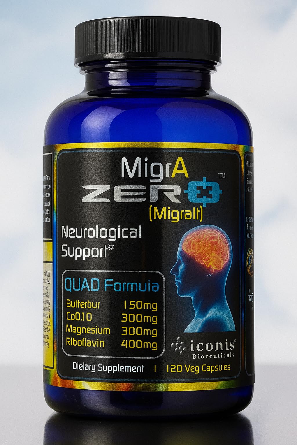 Migraine Relief, Quad-Formula with PA-Free Butterbur (150mg), CoQ10 (300mg), Magnesium Glycinate (300mg), High-Dose Riboflavin (400mg) - MigrA Zero (120 Caps) Optimal Dosing for Migraine Sufferers Iconis Bioceuticals uk supplements