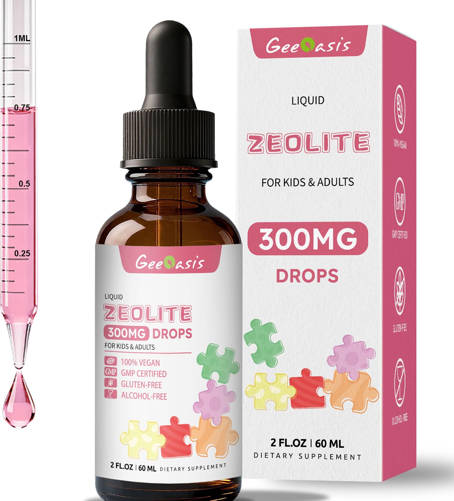 Geeoasis Zeolite Detox for Kids & Adults, 300 mg Zeolite Clinoptilolite Liquid with Vitamin B12 & D3, Vitamin C & Zinc Gluconate, Immune Support & Gut Health, Natural Strawberry Flavor, 2 Fl Oz Geeoasis uk supplements