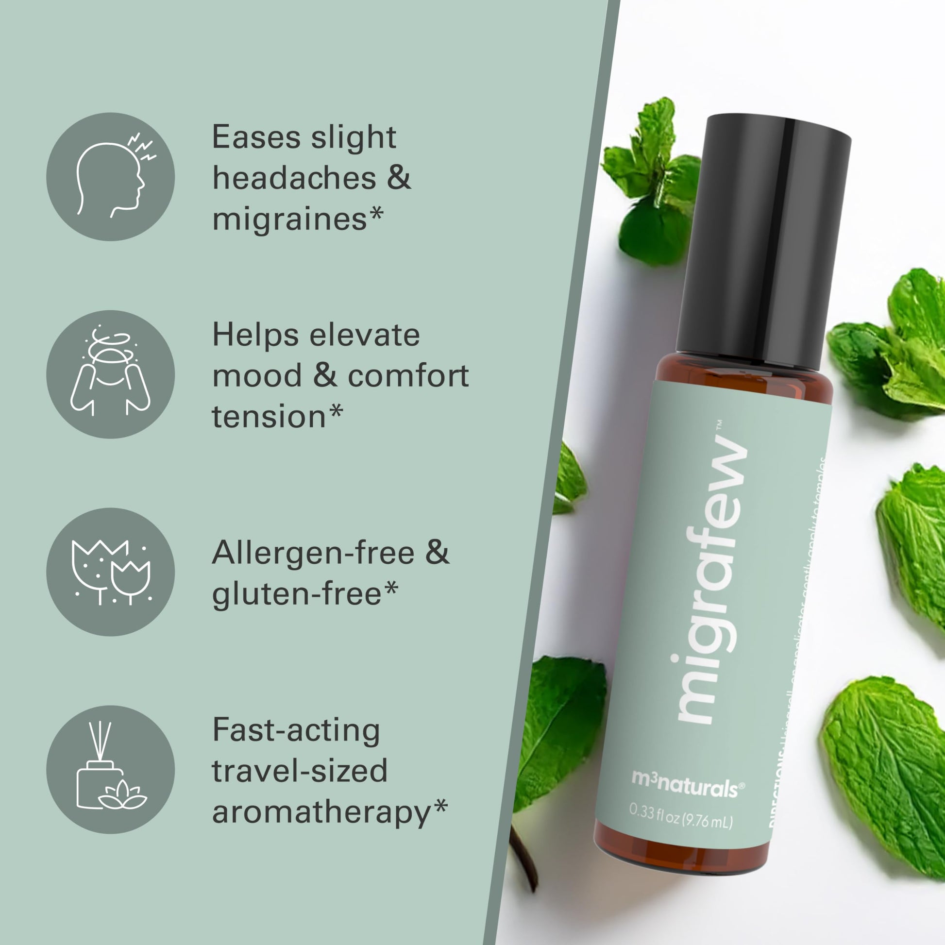 MigraFew Aromatherapy Migraine Roll On | Compact Headache Relief with Cooling Metal Roller for Head Tension and Pressure, Made with Peppermint, Spearmint and Lavender Essential Oils (Pack of 2) by M3 M3 Naturals uk supplements