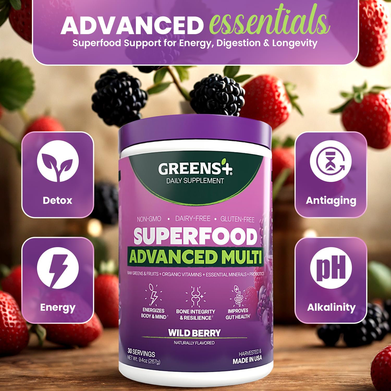 Greens+ Advanced Multi Wild Berry Superfood Powder, Organic Blend, Vegan, Non-GMO, Soy-Free, Dairy-Free, Gluten-Free, Dietary Supplement with Vitamins & Minerals, 9.4 oz Greens+ uk supplements