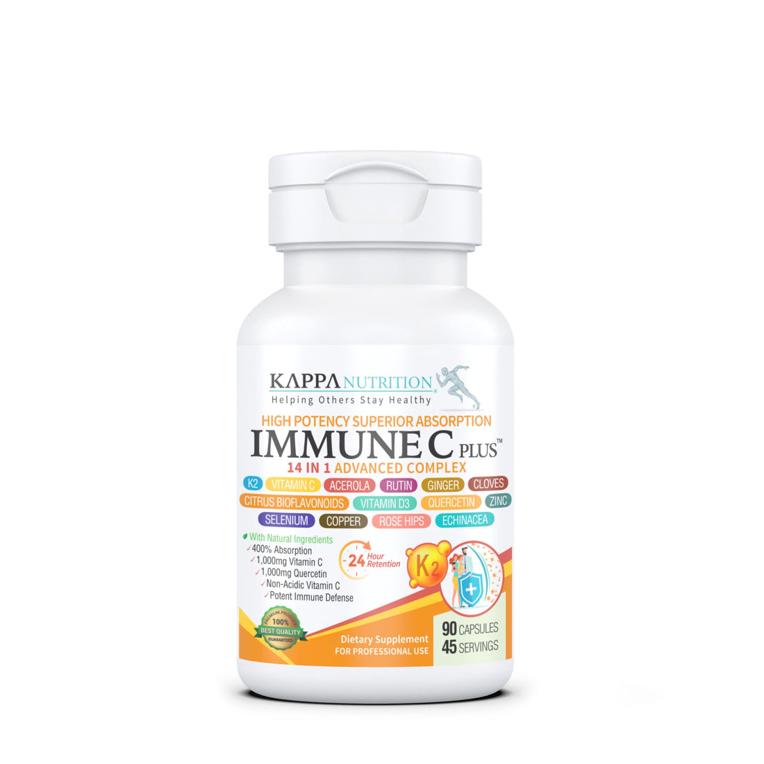 Quercetin 1,000mg, Vitamin C 1,000mg, Zinc 50mg, Vitamin D3 5,000iu, Selenium, Copper, Acerola, Ginger, Rutin, Bitter Orange, Rose Hips, Echinacea, Immune C Plus, 14 in 1 Immune C Plus (90 Count) KAPPA NUTRITION uk supplements