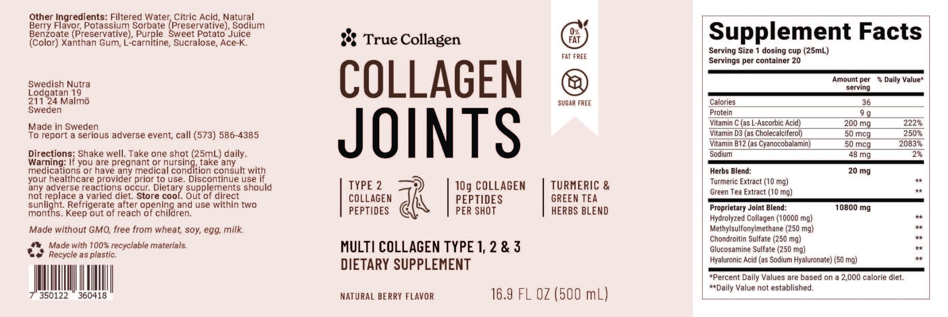 True Collagen Joints | 10,000 mg Hydrolyzed Collagen Liquid Supplement - 500 ml, 20 Day Supply | Glucosamine, MSM and Chondroitin for Healthy Joints | Fat-Free, Sugar-Free, 100% Natural Berry Flavor True Collagen uk supplements