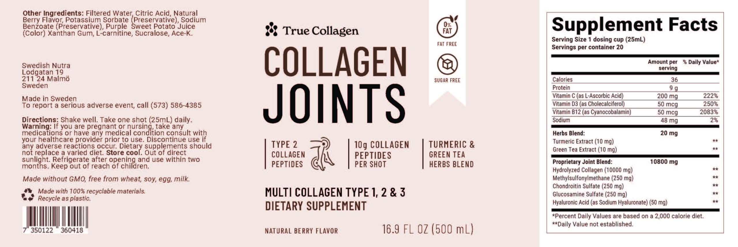 True Collagen Joints | 10,000 mg Hydrolyzed Collagen Liquid Supplement - 500 ml, 20 Day Supply | Glucosamine, MSM and Chondroitin for Healthy Joints | Fat-Free, Sugar-Free, 100% Natural Berry Flavor True Collagen uk supplements