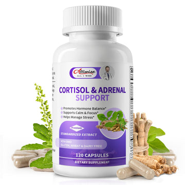 Alliwise Cortisol Supplements for Women & Men - Adrenal Support with Ashwagandha, L-Theanine & Holy Basil for Stress Relief, Mood & Steady Focus - Hormone Balance - 120 Vegan Capsules Alliwise uk supplements
