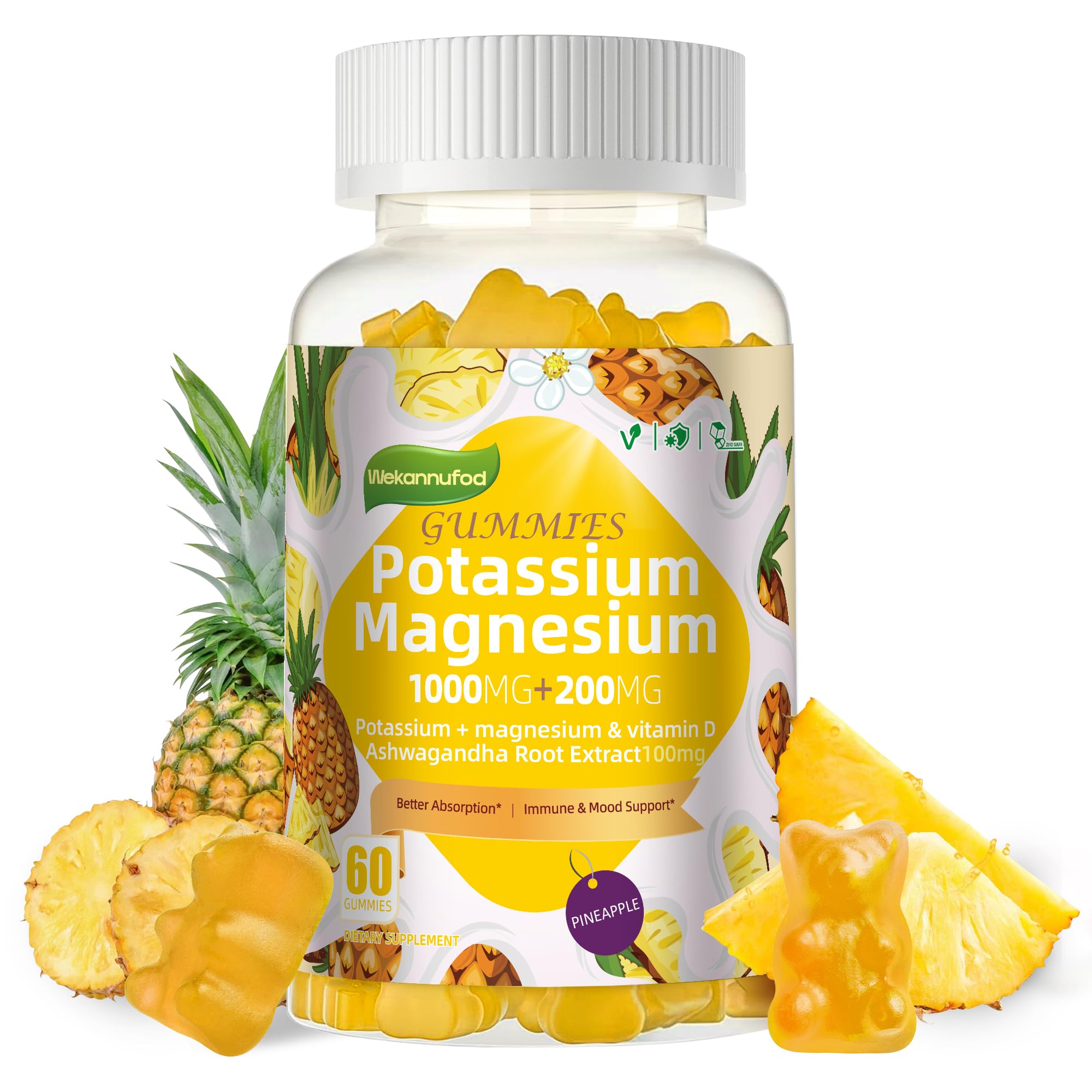 Potassium Magnesium Gummies,High Absorption Magnesium Glycinate,B6,D3,Potassium Citrate for Leg Cramps,Muscle,Electroyte for Adults Kids,Sugar-Free, 60 Gummies (Pineapple) Wekannufod uk supplements