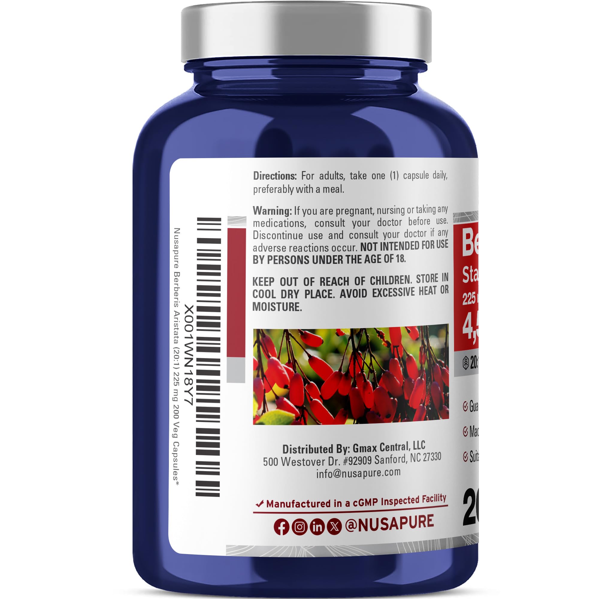 NusaPure Berberine HCI 20:1 Extract, 225 mg Equivalent to 4,500mg - 200 Veggie Caps - (Vegetarian, Non-GMO, Vegan) NusaPure uk supplements