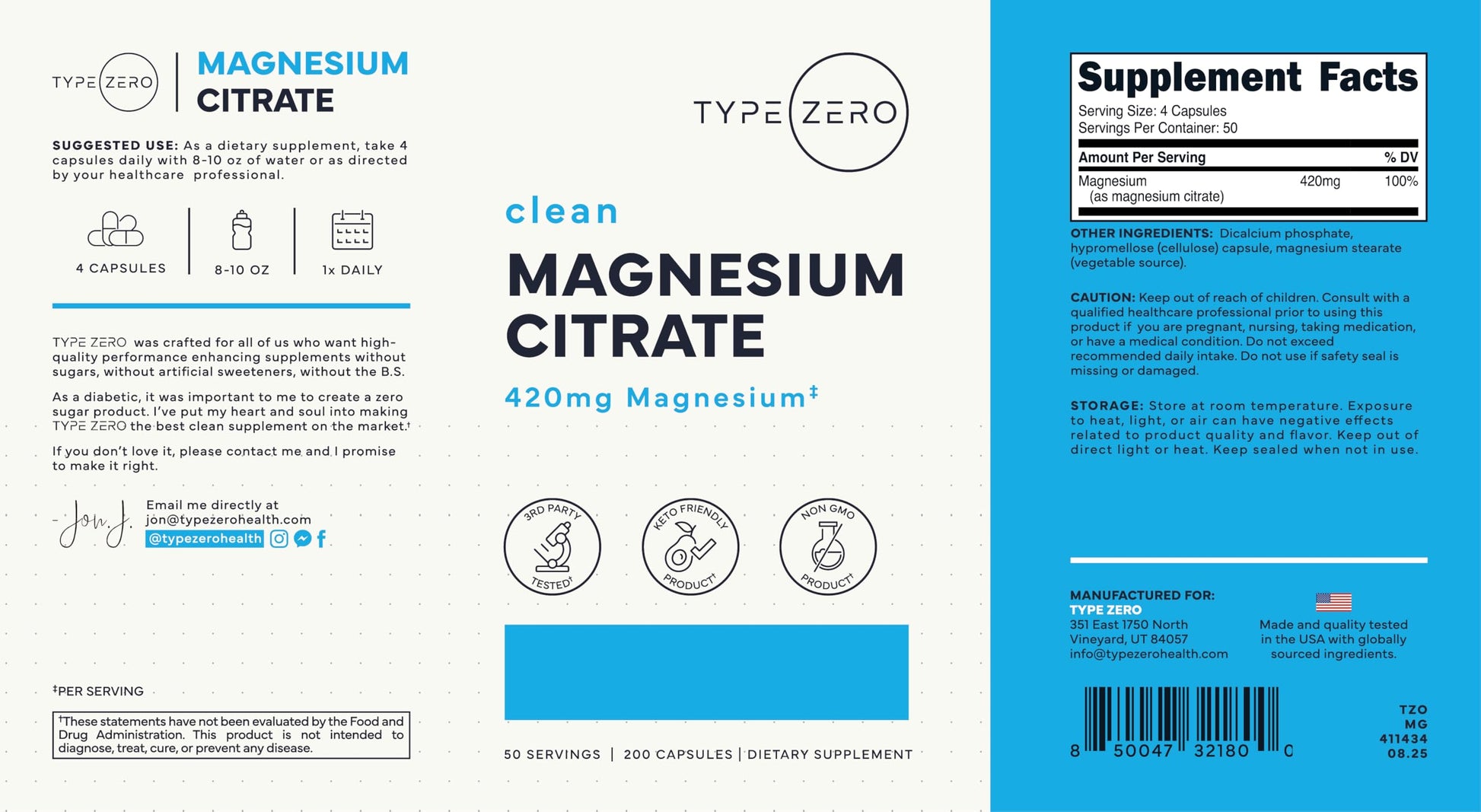 Type Zero Clean Magnesium Citrate Capsules (420mg Per Serving - 200 Capsules) Pure Magnesium Citrate Supplement, Non-GMO - Gluten Free, 50 Servings Type Zero uk supplements