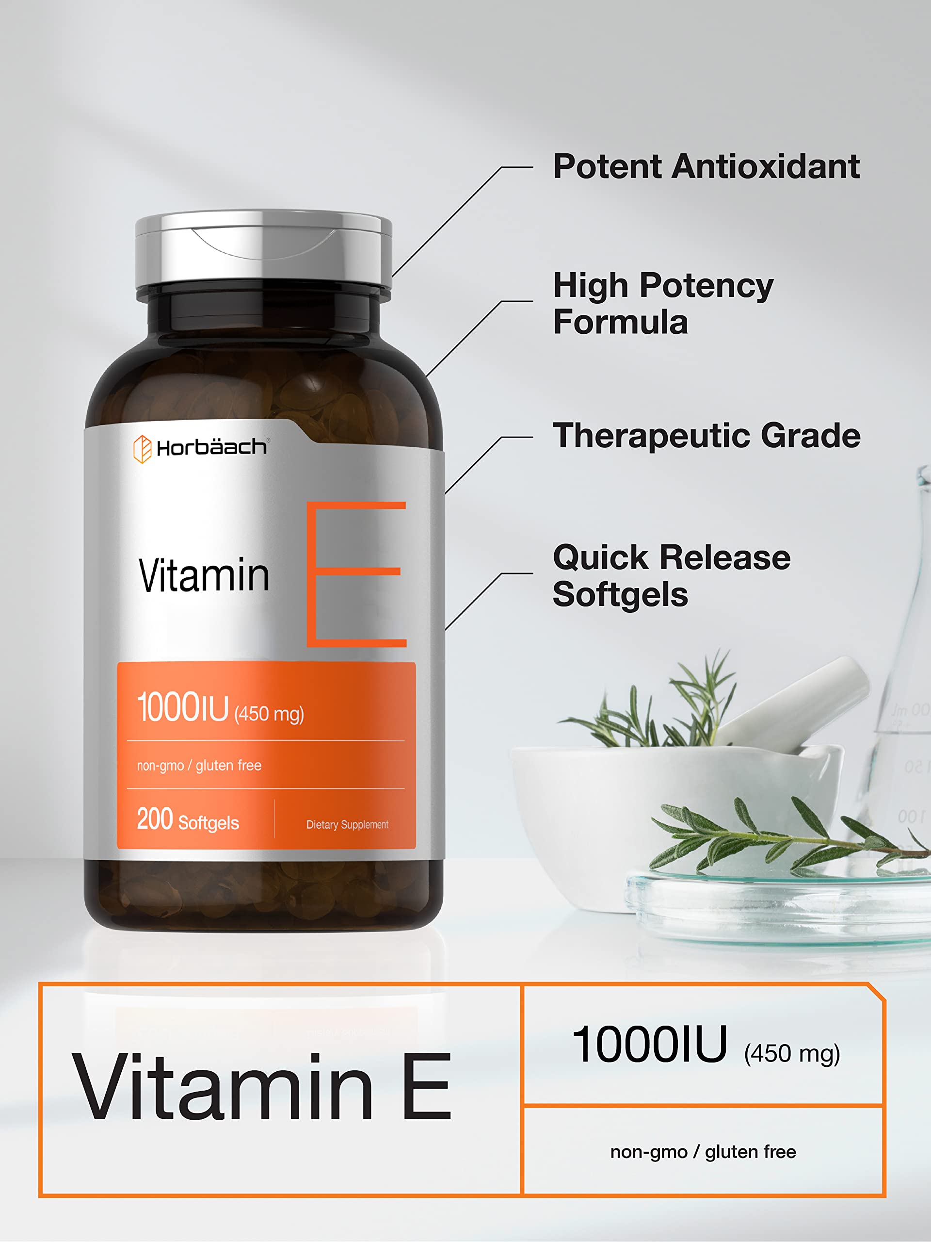 Vitamin E 1000 IU Softgel Capsules | 200 Count | Non-GMO, Gluten Free, Preservative Free Horbäach uk supplements