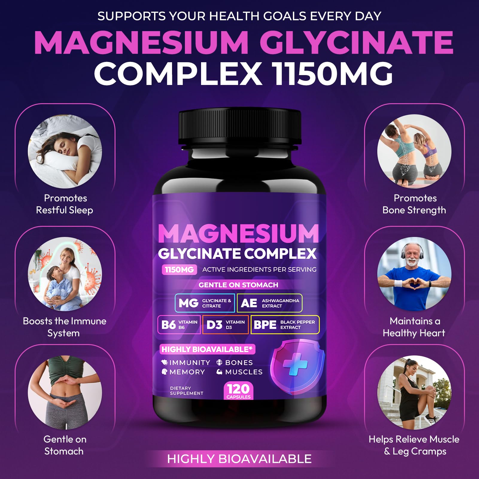 Magnesium Glycinate Complex 1150mg - Gentle on Stomach High Absorption Magnesium Capsules with Citrate, Silica, Ashwagandha & Vitamin B6 for Zzz, Stress Relief, Muscle Support for Adults, Women & Men Cytona uk supplements