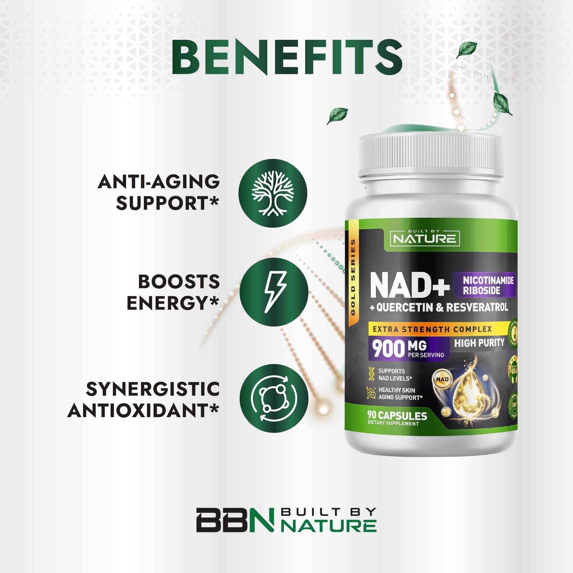 Built by Nature NAD Supplement – NAD+ Nicotinamide Riboside with Resveratrol & Quercetin 900mg Formula – NMN Alternative Supplement for Energy, Cellular Health & Anti-Aging – 90 Capsules Built by Nature uk supplements