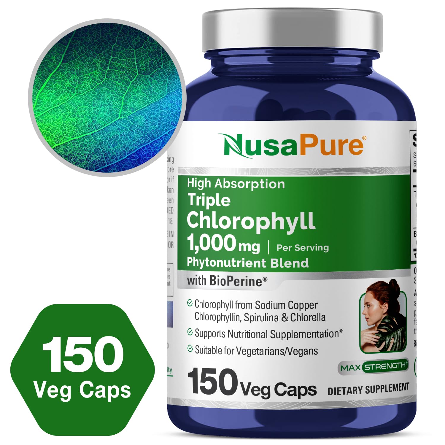 NusaPure High Absorption Triple Chlorophyll 1000 mg 150 Veg Caps Suitable for Vegetarians and Vegans, Non-GMO NusaPure uk supplements